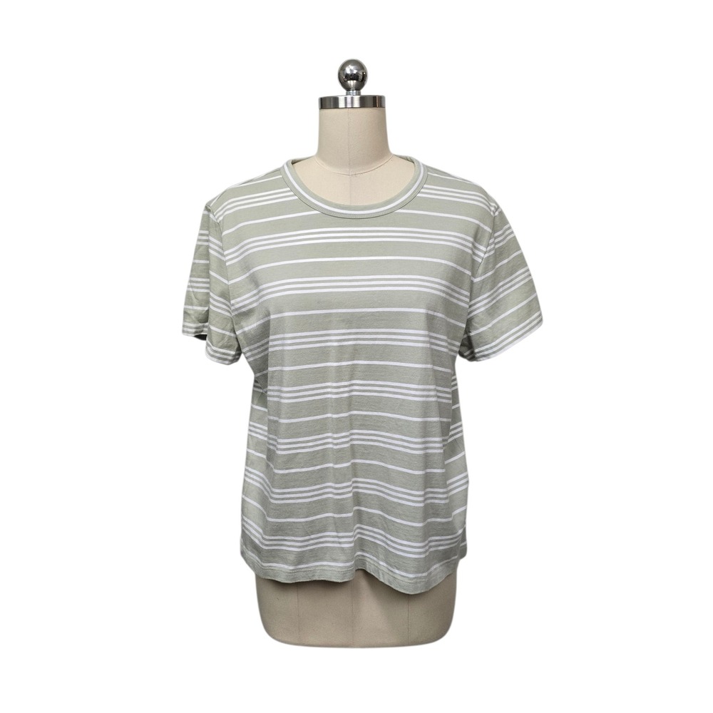 NWT Madewell Womens Sage Green White Striped Cotton Crew Neck T-Shirt Size Large
